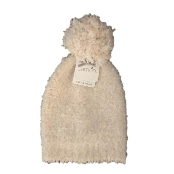Lemon Snow Drift Pom Pom Beanie Cream One Size Knit Winter Soft Skiing - Picture 1 of 5
